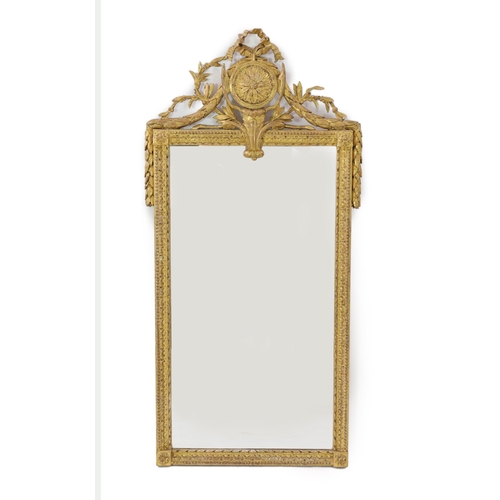 155 - An early 19th century French gilt wood and gesso wall mirror, with ribbon, paterae and laurel leaf c... 