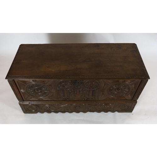 161 - An 18th century Spanish chestnut coffer, carved in relief with a central fountain flanked by stylise... 