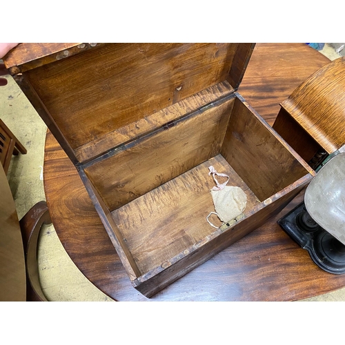 174 - A small Victorian mahogany box, width 43cm, an oak mantel clock and a set of Victorian scales and we... 