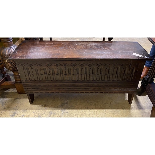 176 - A 17th century style oak and elm six plank coffer, length 108cm, depth 34cm, height 54cm