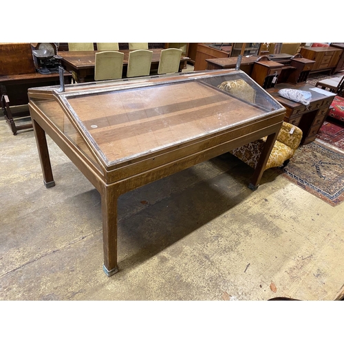 178 - A mid century brass mounted mahogany museum specimen display cabinet with twin hinged slant top, wid... 