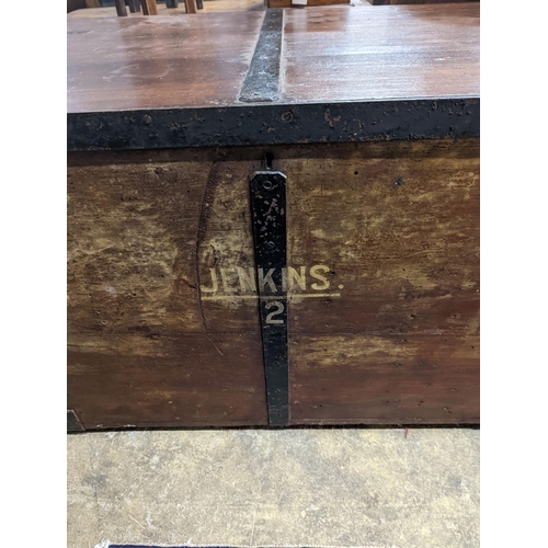 21 - A Victorian iron bound teak trunk with zinc lined interior, width 110cm, depth 67cm, height 61cm... 