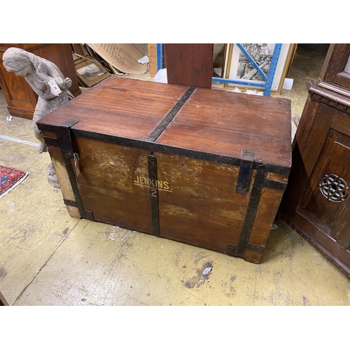 21 - A Victorian iron bound teak trunk with zinc lined interior, width 110cm, depth 67cm, height 61cm... 