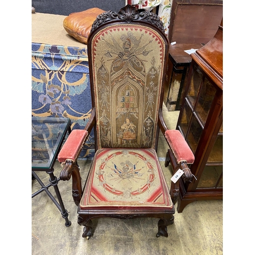 25 - A Victorian carved rosewood elbow chair with tapestry seat and back, width 69cm, depth 47cm, height ... 