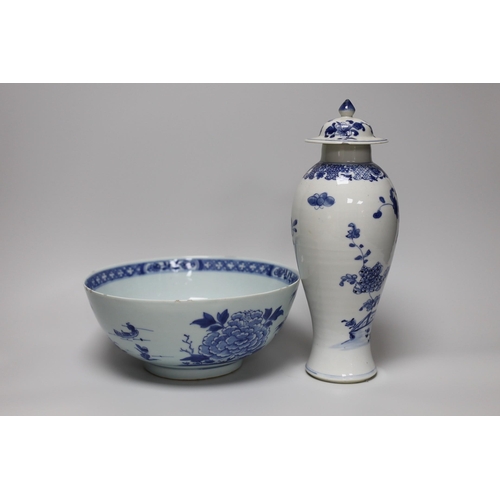 250 - A Chinese blue and white bowl and a similar vase, both Qianlong period, vase 28cm tall