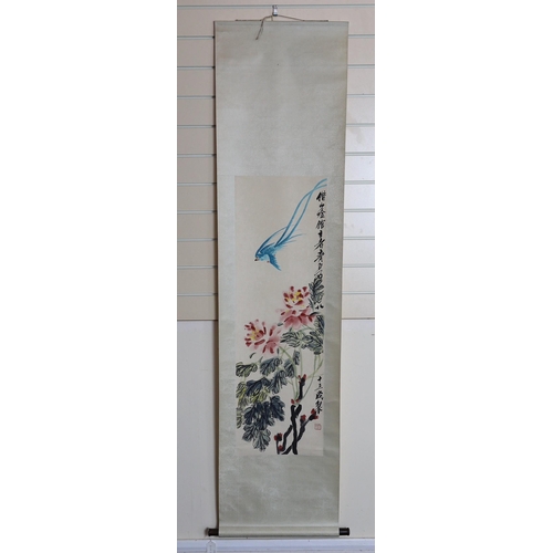 278 - After Qi Baishi (1863-1957), Ribbon peonies, printed scroll, published by Tianjin Arts & Crafts Expo... 