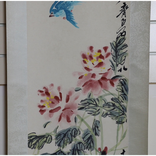 278 - After Qi Baishi (1863-1957), Ribbon peonies, printed scroll, published by Tianjin Arts & Crafts Expo... 