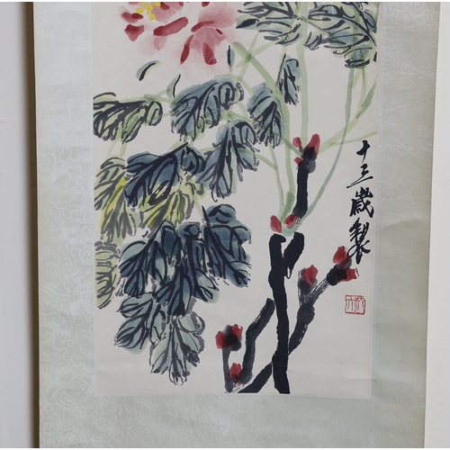 278 - After Qi Baishi (1863-1957), Ribbon peonies, printed scroll, published by Tianjin Arts & Crafts Expo... 