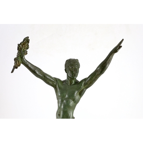 286 - J. Darcourt. NB. An Art Deco patinated spelter figure of a victorious athlete, standing with arms al... 