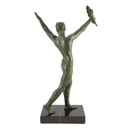 286 - J. Darcourt. NB. An Art Deco patinated spelter figure of a victorious athlete, standing with arms al... 