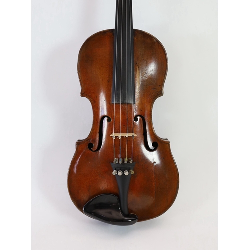 287 - A 19th century violin attributed to Klotz school, unlabelled, the back and sides with medium curl, r... 