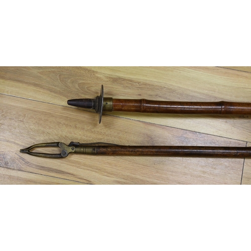 292 - A French bamboo shooting stick and a Victorian library book grabber, 122.5cm