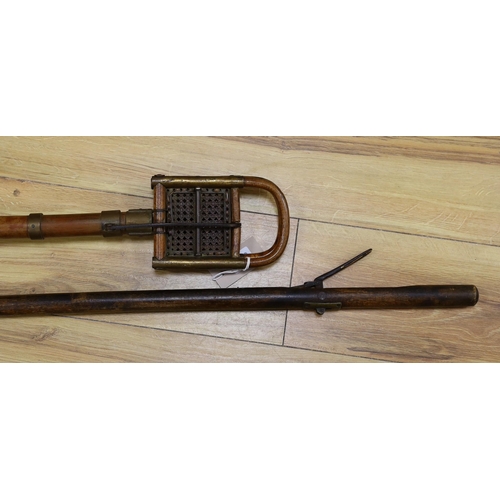 292 - A French bamboo shooting stick and a Victorian library book grabber, 122.5cm