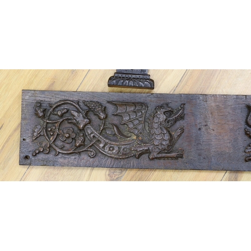 300 - A 17th carved oak figural corbel, a pair of carved oak corbels and a carved oak frieze 14x19cm... 