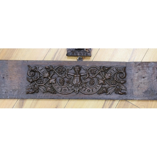 300 - A 17th carved oak figural corbel, a pair of carved oak corbels and a carved oak frieze 14x19cm... 