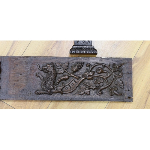 300 - A 17th carved oak figural corbel, a pair of carved oak corbels and a carved oak frieze 14x19cm... 