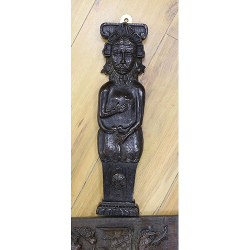 300 - A 17th carved oak figural corbel, a pair of carved oak corbels and a carved oak frieze 14x19cm... 