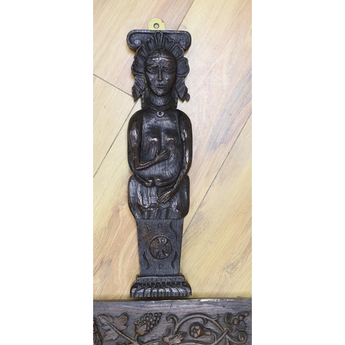 300 - A 17th carved oak figural corbel, a pair of carved oak corbels and a carved oak frieze 14x19cm... 