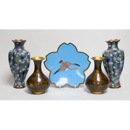 307 - Two pairs of Japanese cloisonné enamel vases and a cloisonné enamel dish tallest 19cm