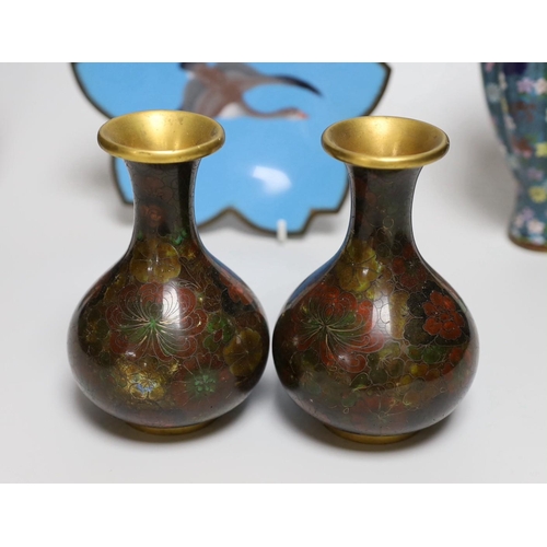 307 - Two pairs of Japanese cloisonné enamel vases and a cloisonné enamel dish tallest 19cm