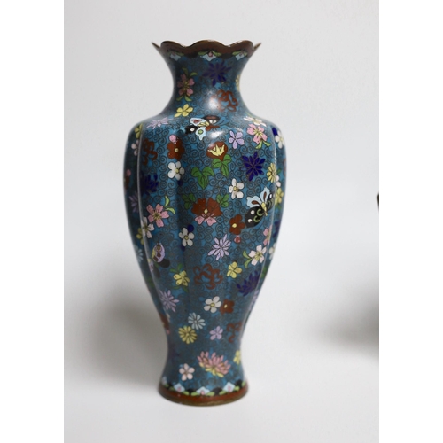 307 - Two pairs of Japanese cloisonné enamel vases and a cloisonné enamel dish tallest 19cm