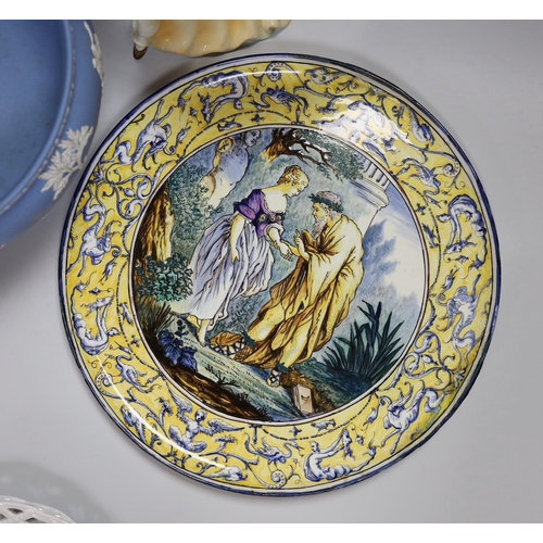 313 - A Gien faience dish, Wedgwood jasper fruit bowl, an Art Deco Katzhutte figure and a pair of basketwe... 