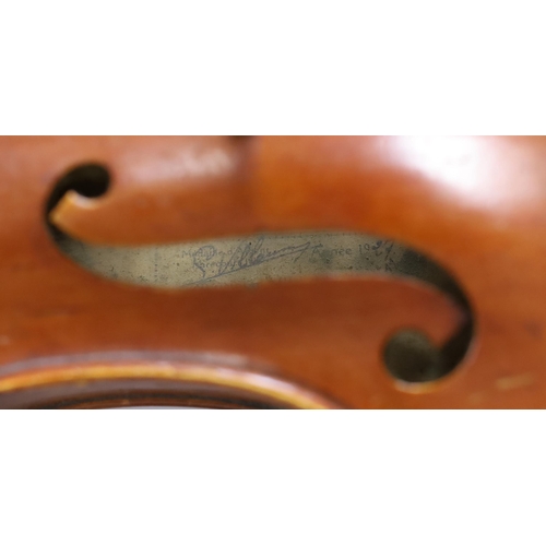 314 - An early 20th century French viola labelled and branded Guastave Villaume, dated 1927, length of bac... 