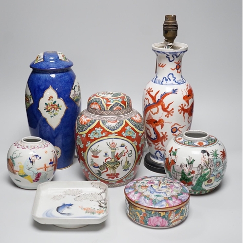 320 - A group of Chinese famille rose jars, Paris porcelain lamps etc - tallest 34.5cm