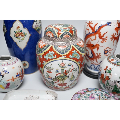 320 - A group of Chinese famille rose jars, Paris porcelain lamps etc - tallest 34.5cm