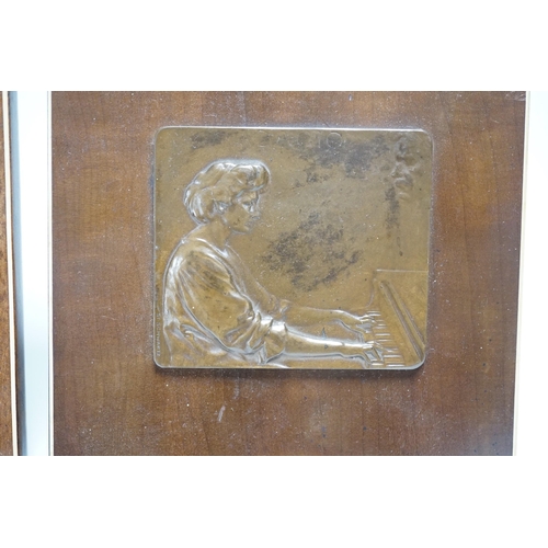 321 - Two Stefan Schwartz bronze relief plaque, mounted on mahogany easels. Largest easel 16cm sq and an A... 