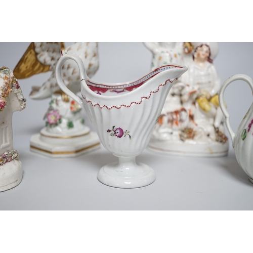 328 - A Worcester milk jug, c.1780, a Newhall-type cream jug, c.1795, a Staffordshire porcelain model of a... 