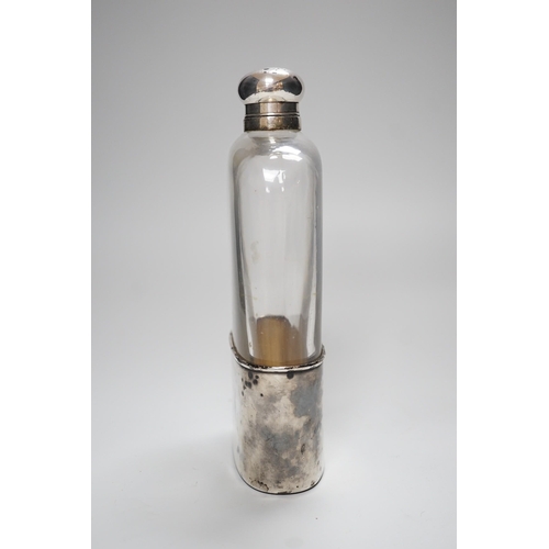 330 - A Goliath size silver plate mounted hip flask, 23.5cm