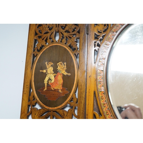 334 - A 19th century fretted olivewood Sorrento ware toilet mirror, 45cm long