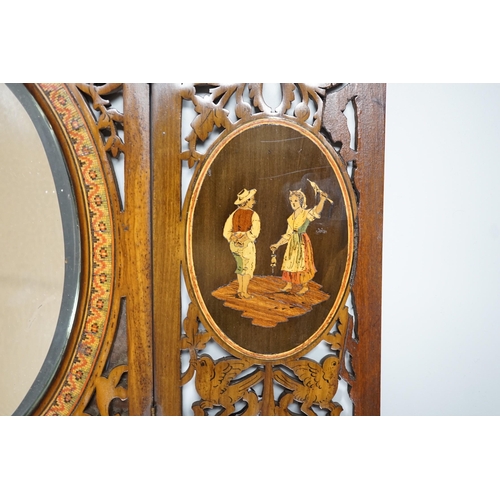 334 - A 19th century fretted olivewood Sorrento ware toilet mirror, 45cm long