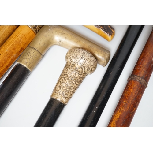 342 - Two Victorian silver mounted walking sticks, a sword stick and three other sticks (6)