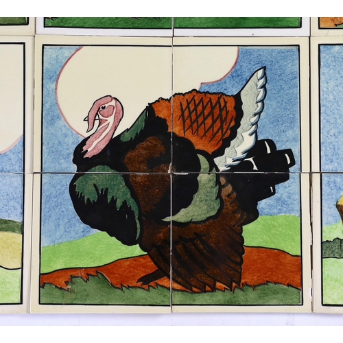 344 - E.E. Strickland for Carter & Co, Poole pottery,  six sets of four tile panels of animals and farm sc... 