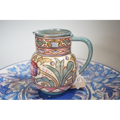 348 - A Burleigh ware Charlotte Rhead lustre jug and a Crown Ducal dish, diameter 32cm