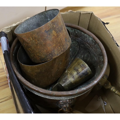 352 - A set of three Georgian gilt bronze fire implements, a similar brass shovel and sundries, including ... 