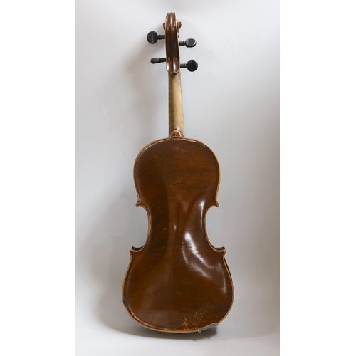 355 - A Maidstone violin, with bow,  cased.violin 59 cms high.