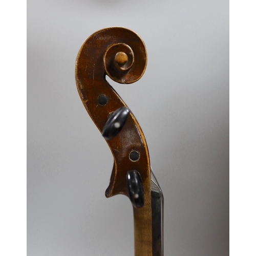 355 - A Maidstone violin, with bow,  cased.violin 59 cms high.