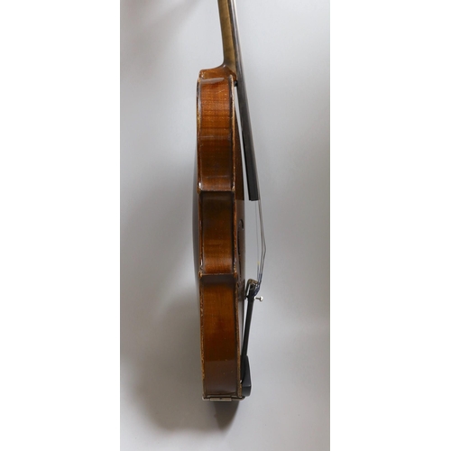 355 - A Maidstone violin, with bow,  cased.violin 59 cms high.