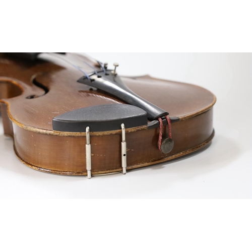 355 - A Maidstone violin, with bow,  cased.violin 59 cms high.