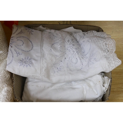 356 - A patch worked filet lace and anglais cut work table cloth and six matching napkins, and another clo... 