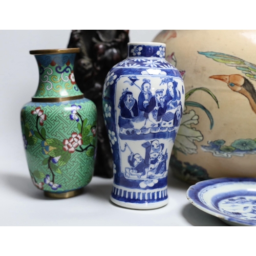 357 - A Chinese blue and white gu vase, a baluster vase, a dish etc.