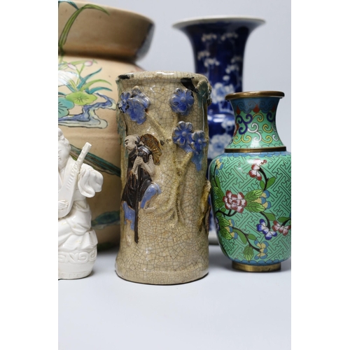 357 - A Chinese blue and white gu vase, a baluster vase, a dish etc.