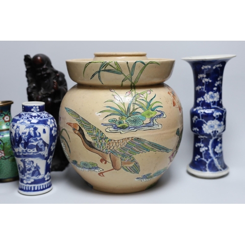 357 - A Chinese blue and white gu vase, a baluster vase, a dish etc.