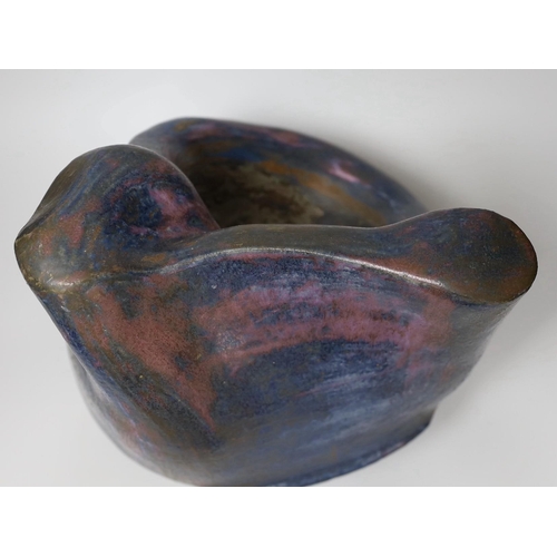 362 - Ruth Sulke - a large studio purple and indigo nickel oxide glazed stoneware bulbous sculpture with f... 