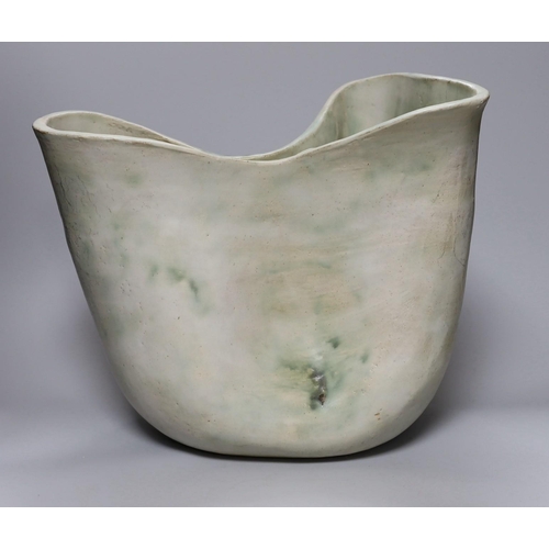 366 - Ruth Sulke - a large studio stoneware white and green glazed free-form vase, 31cm Literature- Ruth S... 