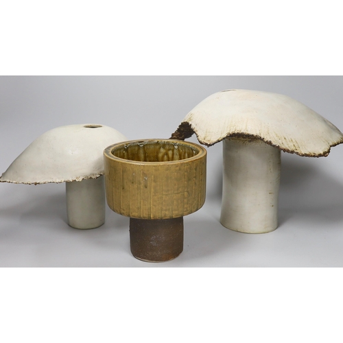 368 - Ruth Sulke - two studio glazed stoneware mushroom vases, together with a small studio pottery jard... 