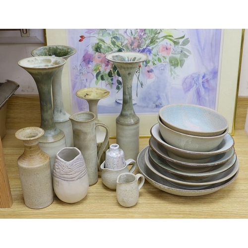 372 - A collection of studio pottery tall stemmed vases and dishes and bowls, The majority by Susan Thread... 